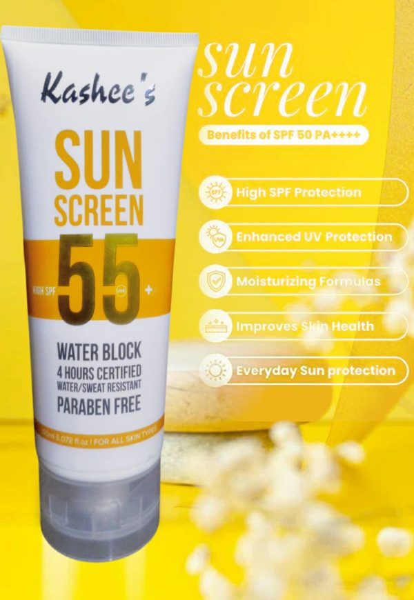 Kashee’s Sunscreen Spf 55 | Water & Sweat Resistant, Paraben-free | Broad Spectrum Sun Protection | 150ml